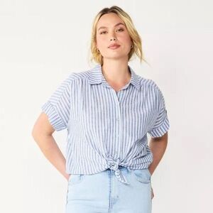 Draper James RSVP Linen Blend Button Down Striped Collared Blouse